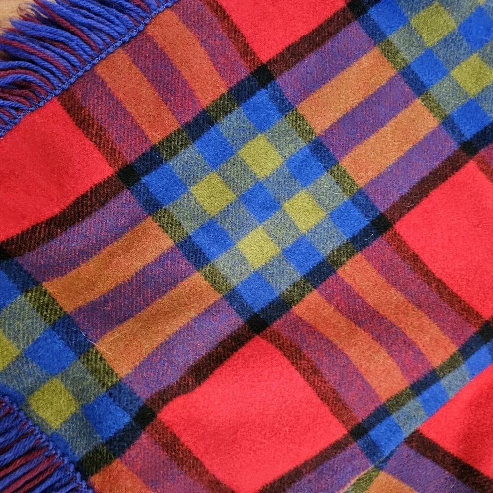 70s Pioneerwear Womens XS Wool Plaid Skirt Fringe Assymetrical Red‎ Blue Boho